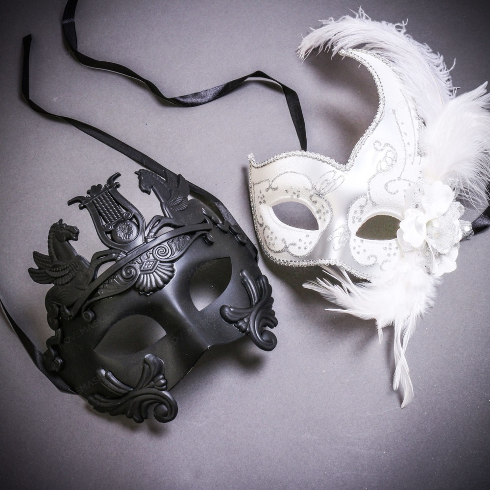 Black Pegasus Horses Venetian White Silver Feather Couple Masquerade Ball Masks